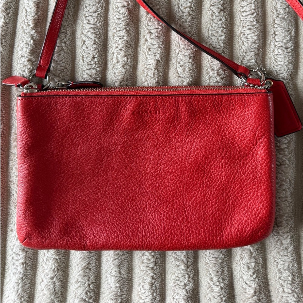 Coach Red Pebbled Leather Lyla Double Zip Crossbody Bag Silver Hardware